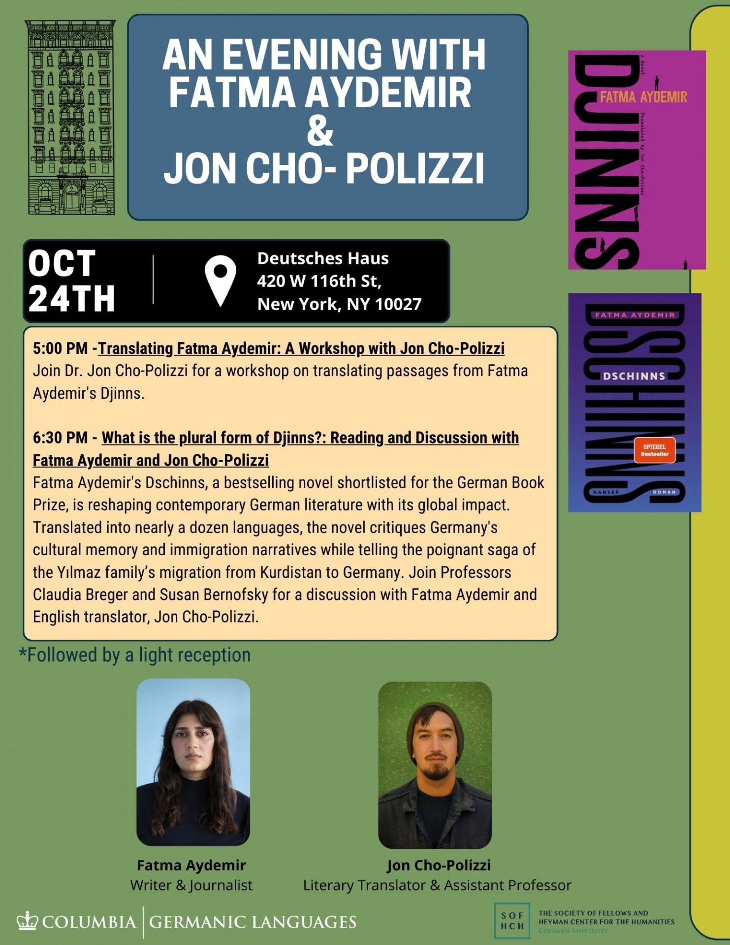 Flyer for  "An Evening with Fatma Aydemir & Jon Cho-Polizzi"