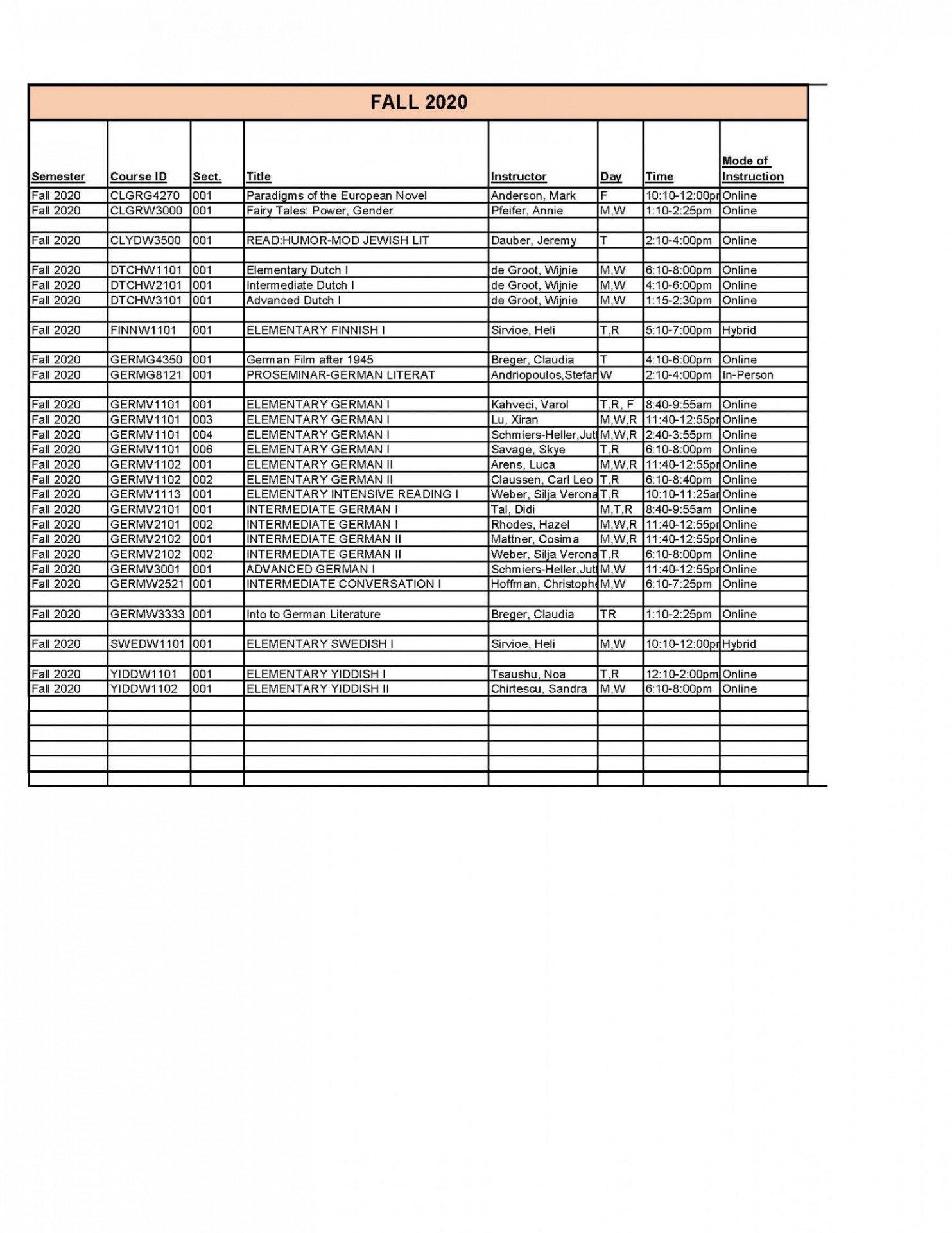 Fall 2020 Course Schedule Fall 2020 Course Schedule