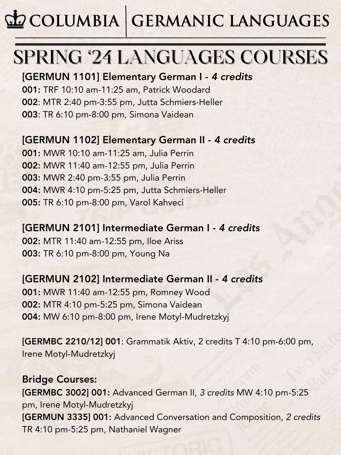 Flyer displaying language courses offered at Germanic Languages Columbia University in Spring 2024