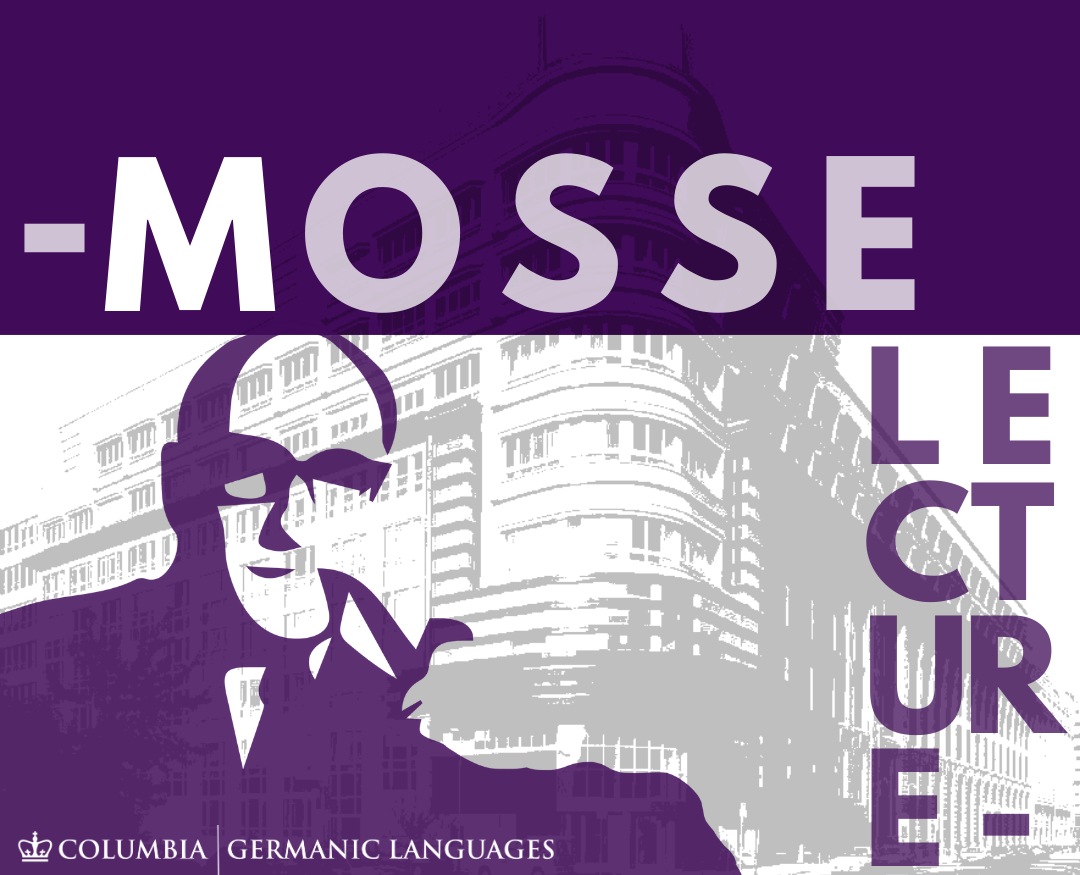 Mosse Building in background in Berlin, Germany, silhouette of George Mosse smoking a pipe