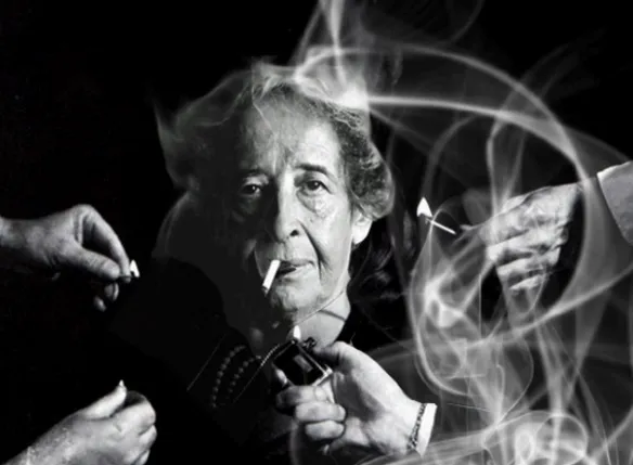 A portrait of Hanna Arendt with lighters and matches. 