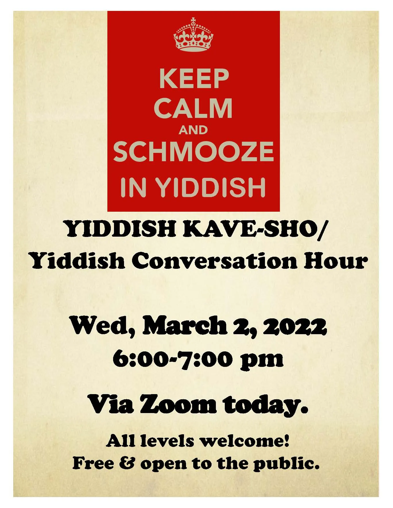 March 2, 2022, Kave Sho/Yiddish Conversation Hour