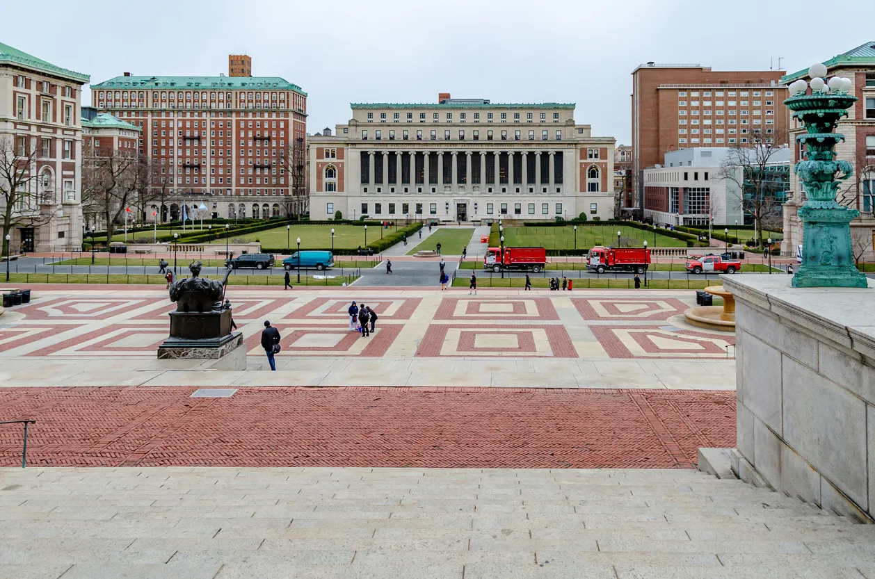 Aerial view of campus from Low Library, includes Alma Mater